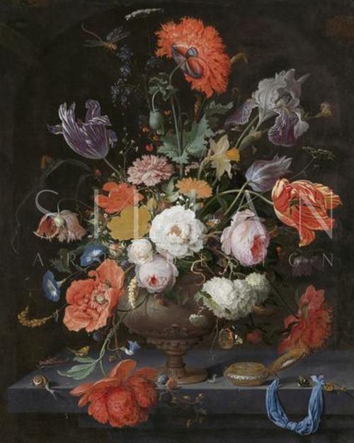 Abraham Mignon, Still Life with Flowers and a Watch